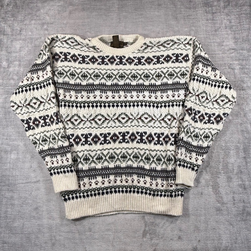 Eddie Bauer Sweater Mens Large Cream Vintage 90s Fair Isle Geometric Cotton Knit